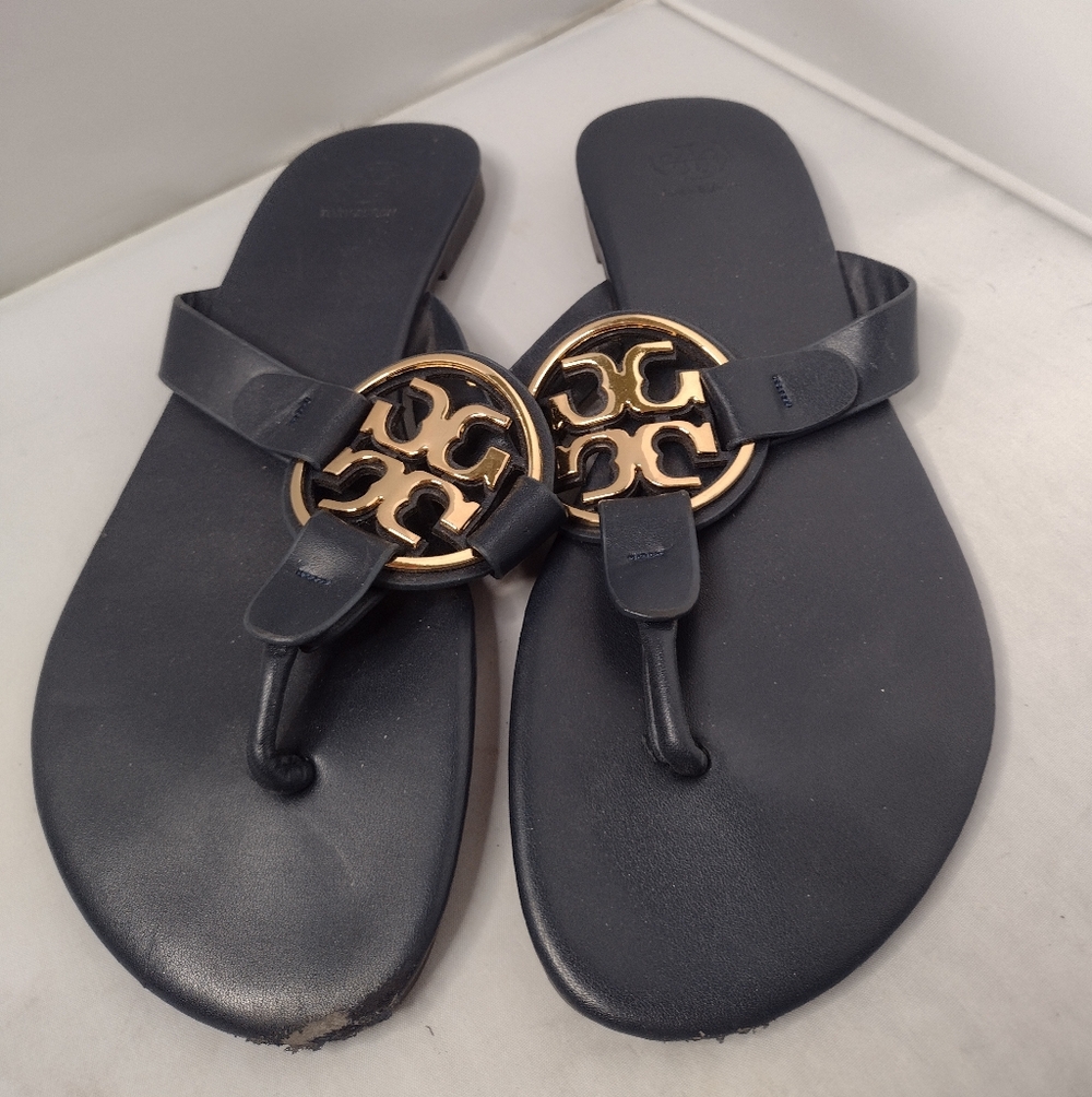 Tory Burch Miller Mirror Mirrored Flip Flops Sandals 40 Navy Gold R